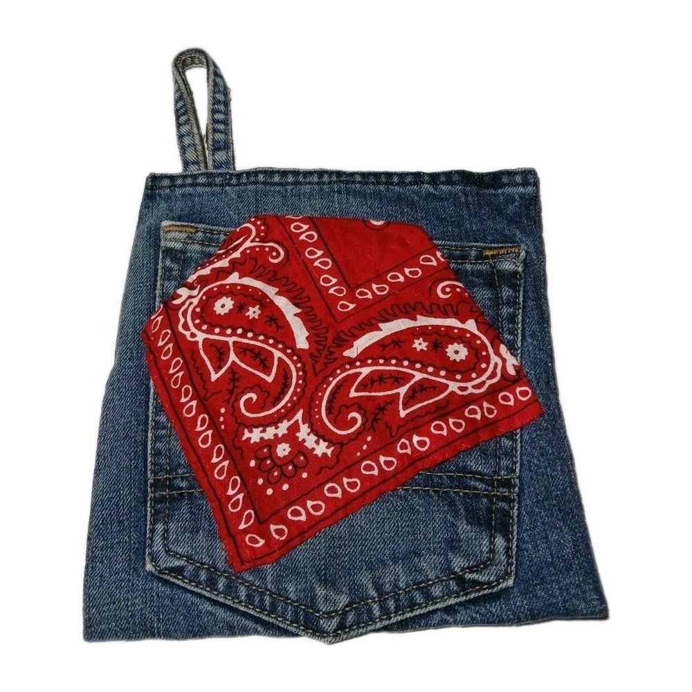 KITCHEN DENIM JEANS HOT PAD, Country LIFE RED‎ HANKERCHEIF #1259